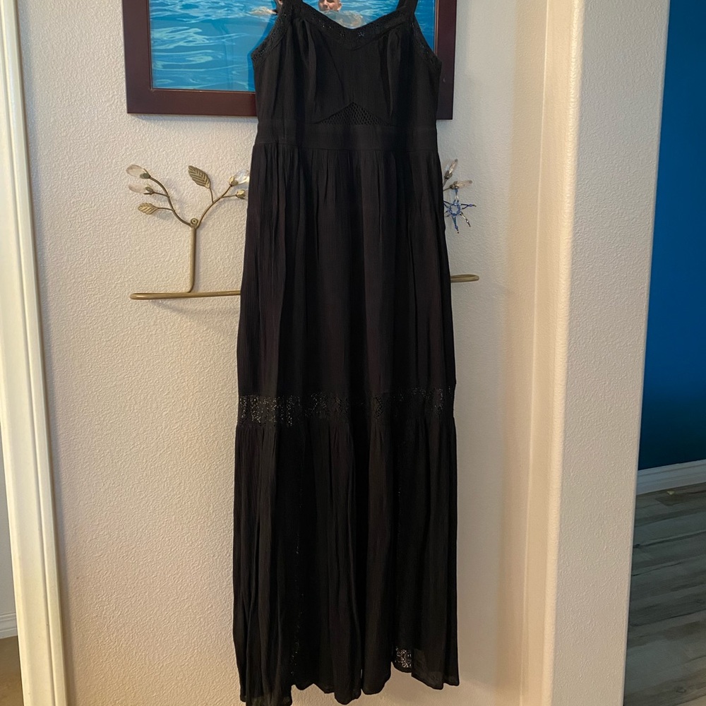American rag black maxi dress small. Peekaboo lace insets.